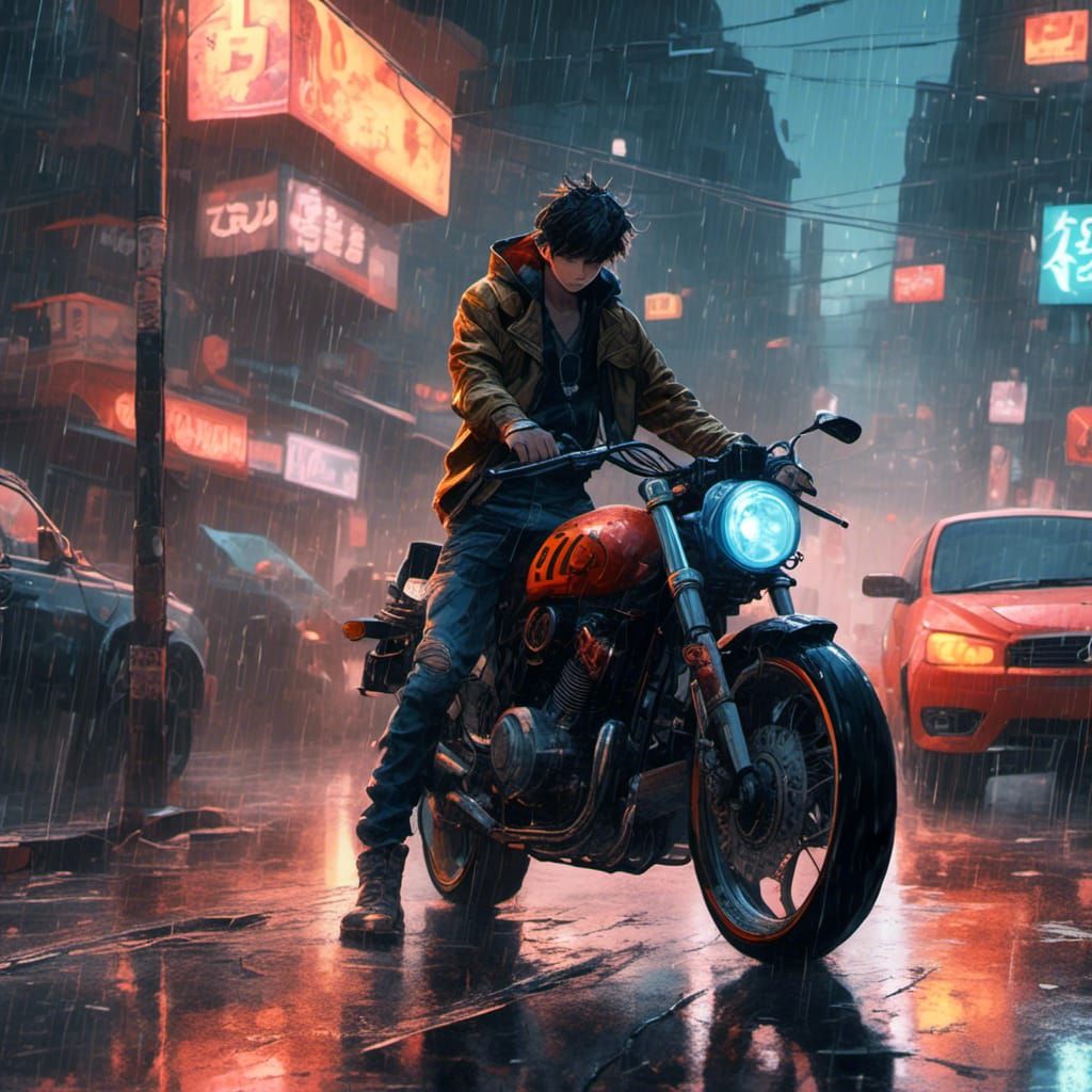 Rainy Street Biker Boy in Anime Style