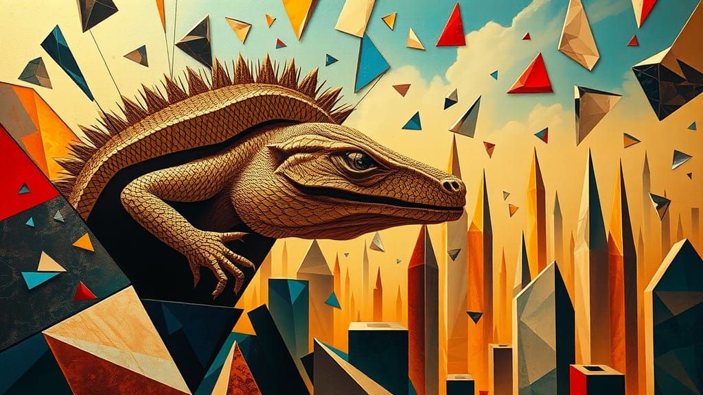 Reptilian Figure Emerging from Fractured Crystal: Cubist Sty...