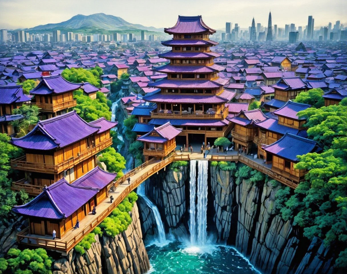 Waterfall Cascades into Japanese Megastructure City