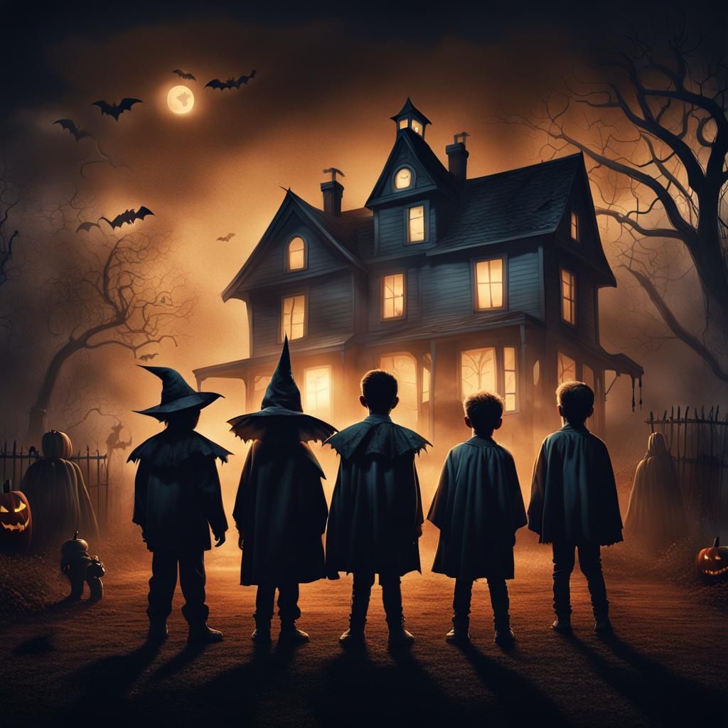 Eerie Halloween Night with Trick-or-Treaters: Digital Art
