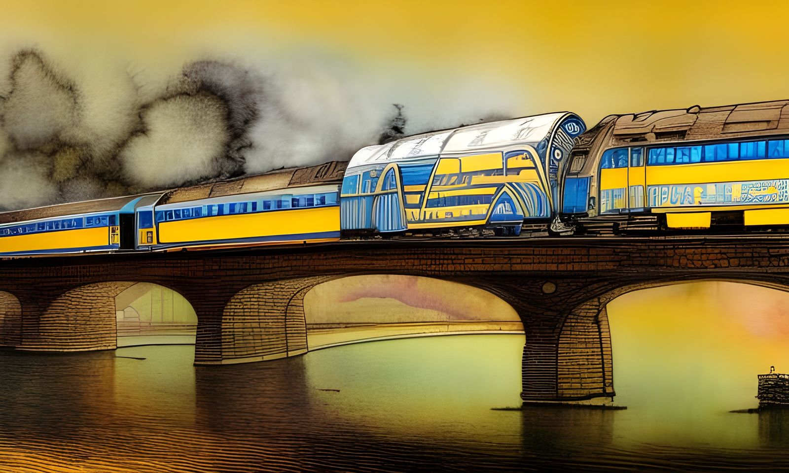 Dutch Train on Bridge in Watercolor Style