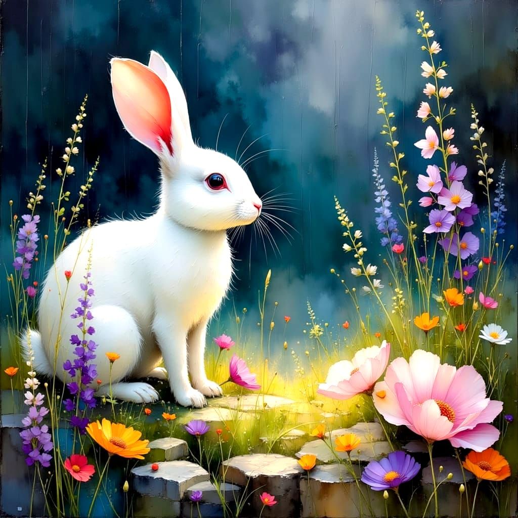 Rabbit in Garden: Peaceful Pastel Landscape