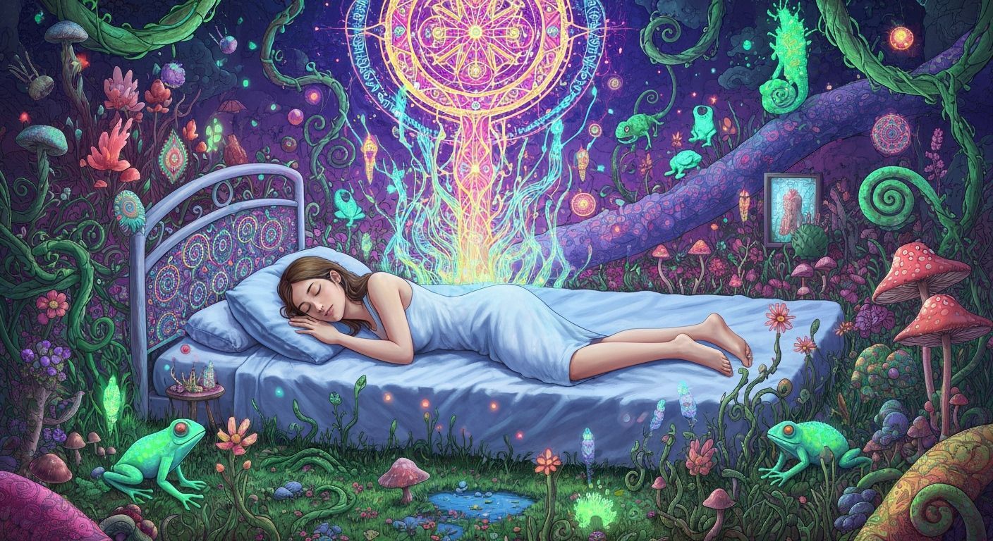 Ethereal Woman Asleep in Surreal Bioluminescent Dream