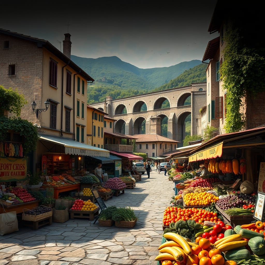 Italian Village Market in Cinematic Digital Painting Style