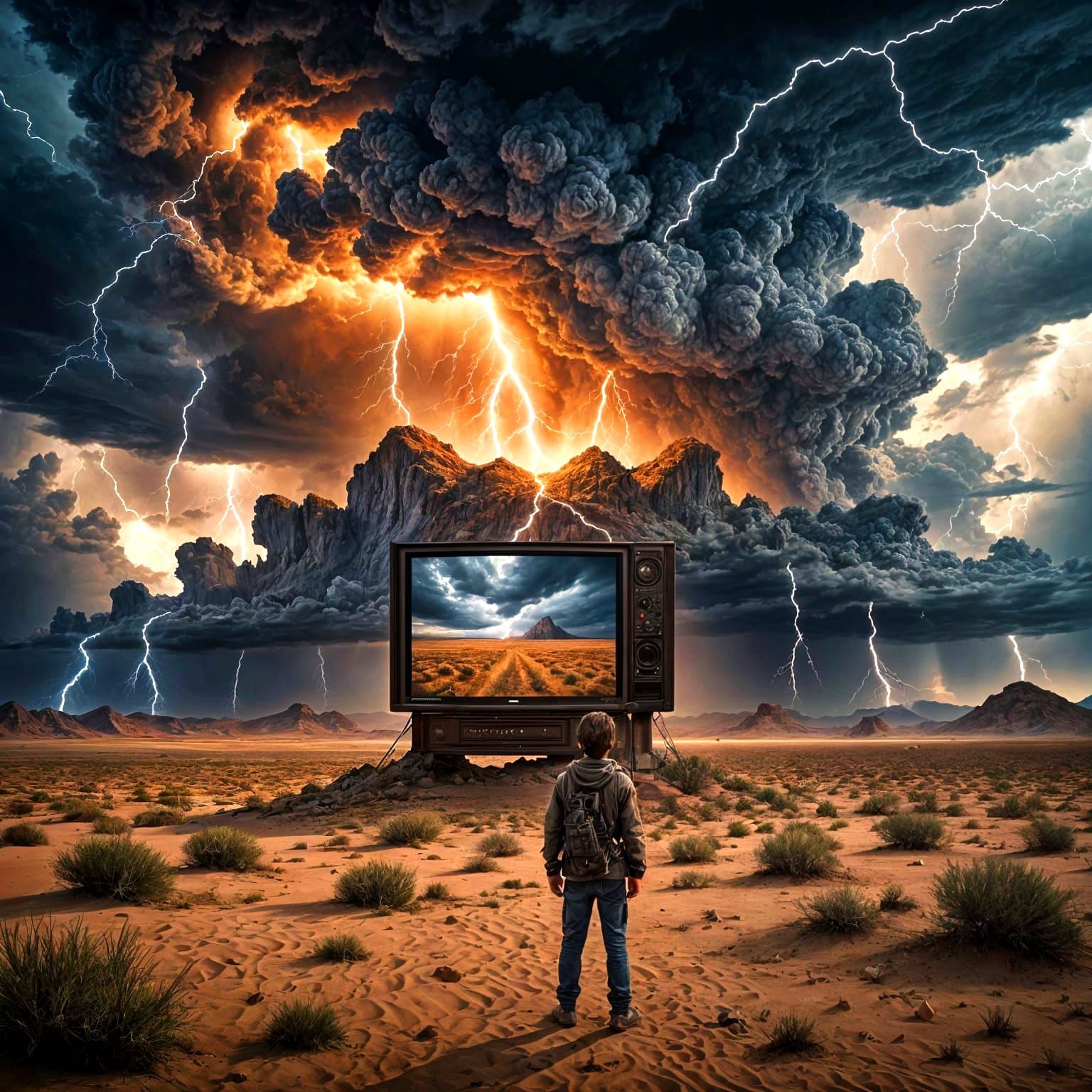 Epic Desert TV Oasis in Maximalist Digital Style