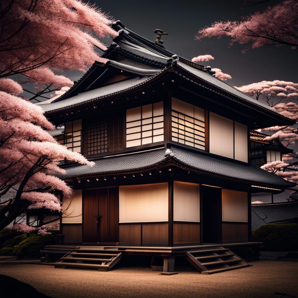 Japanese House with Sakura Trees in HDR