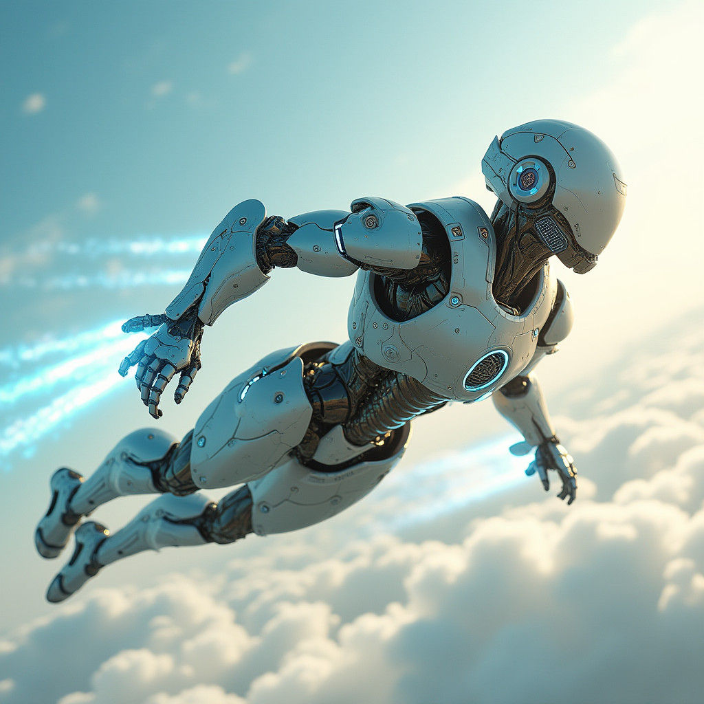 Futuristic Robot Soaring Through the Sky