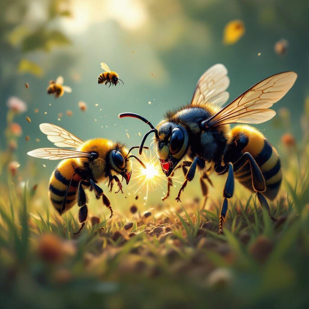 Bee vs. Asian Hornets in Dramatic Fantasy Illustration