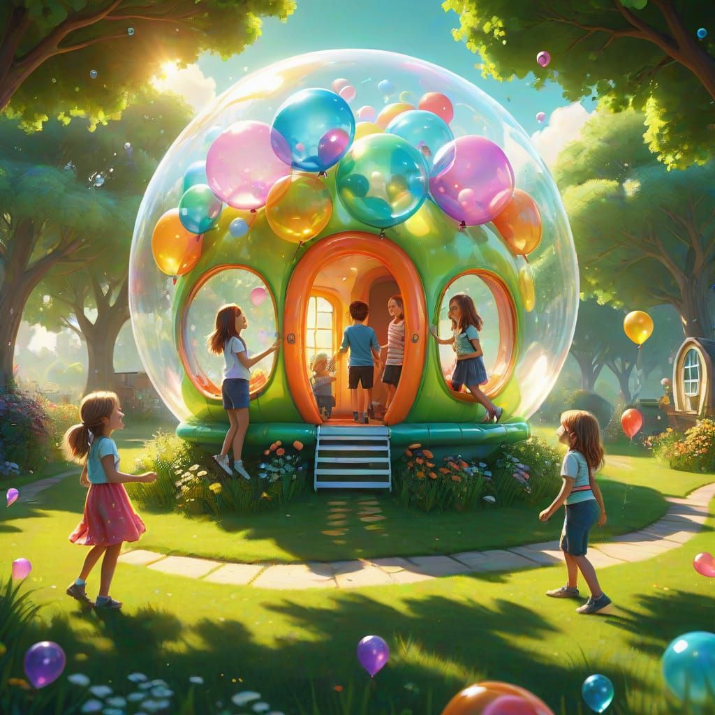 Whimsical Digital Art of Kids Playing in a Vibrant Bubble Ho...