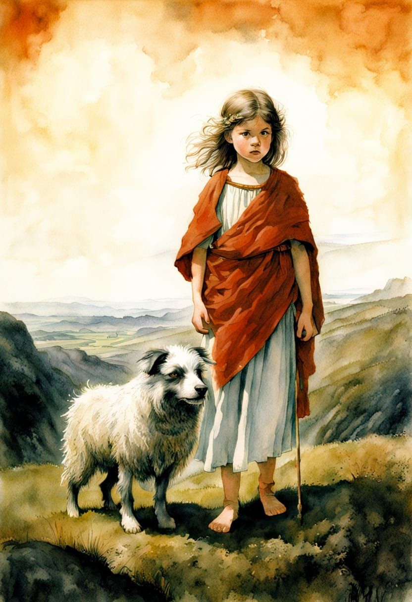 Ancient Roman Girl Strolls with Loyal Sheepdog in Etruscan H...