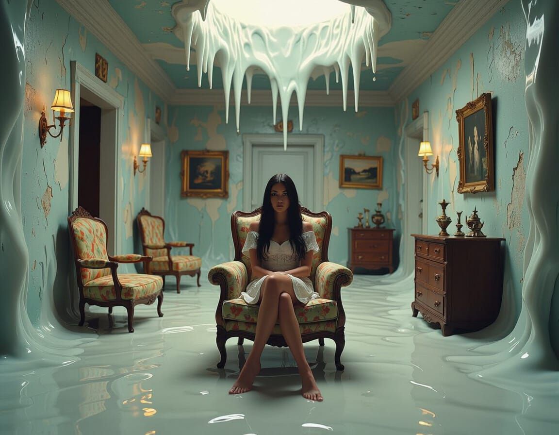 Surreal Woman in Dreamlike Room, Blended Styles