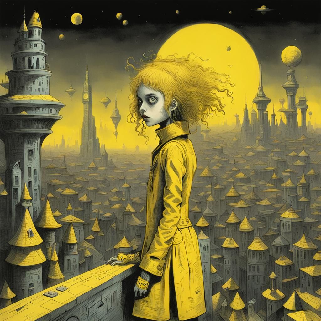 Whimsical Girl in Futuristic City, Burton-esque