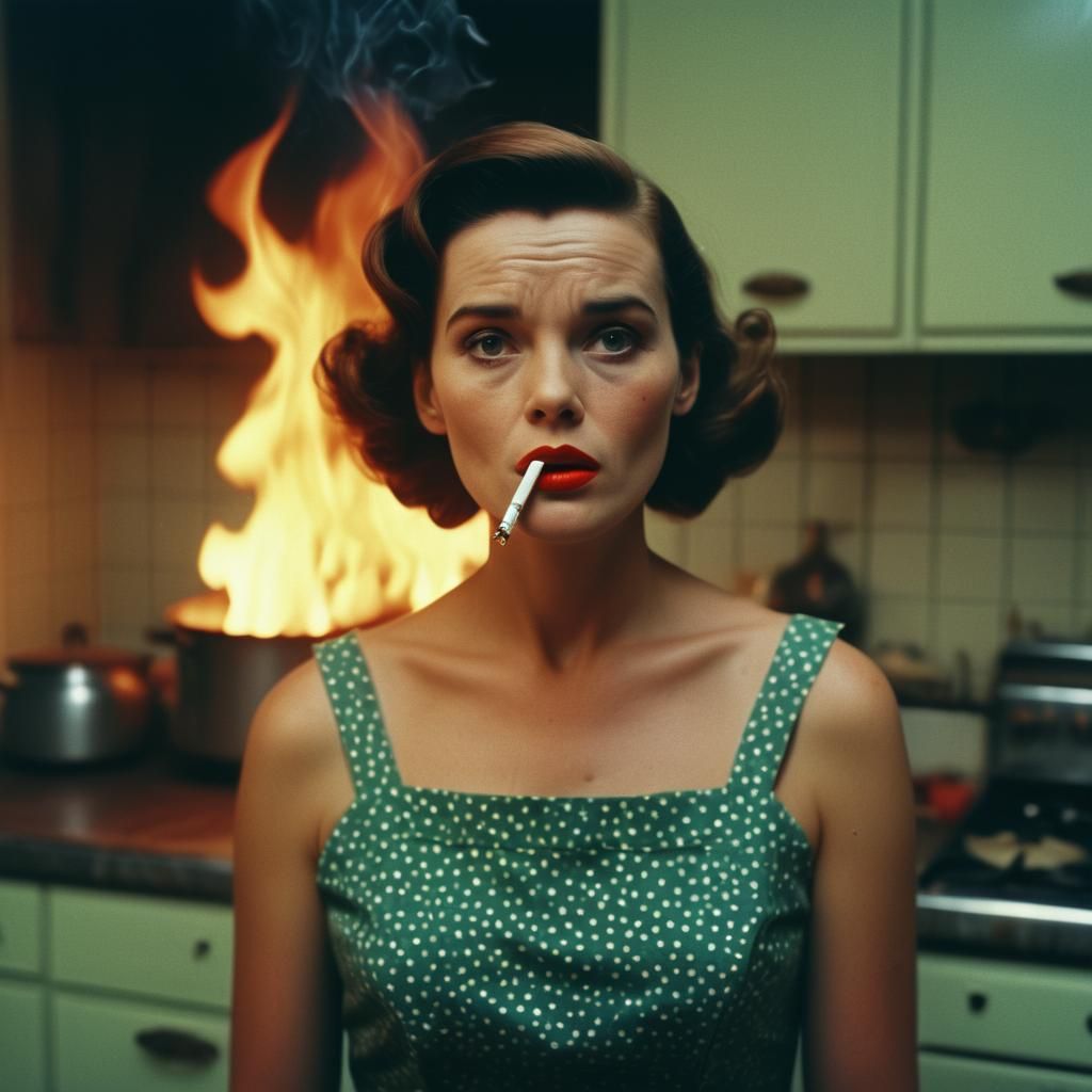 1950s Housewife in Burning Kitchen with Glitch Effect