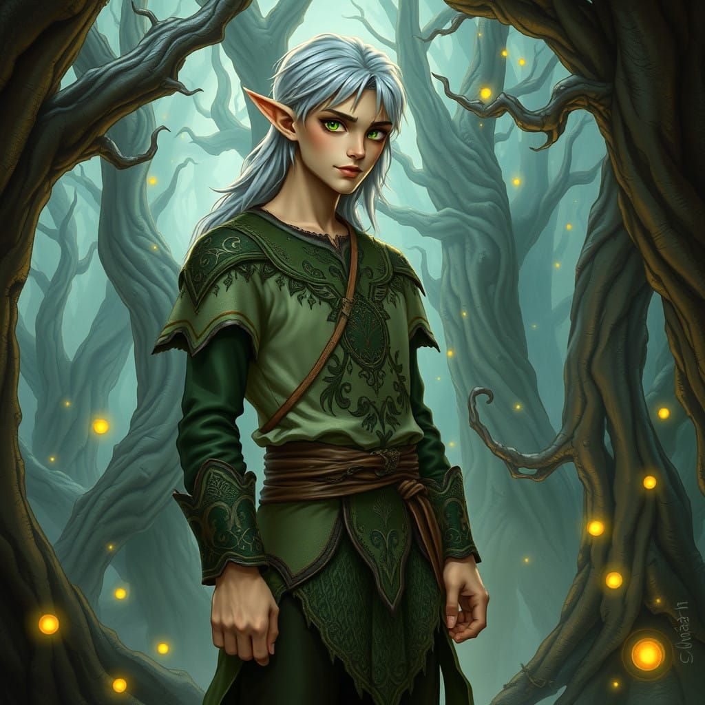 Mystical Elf in a Whimsical Forest Landscape