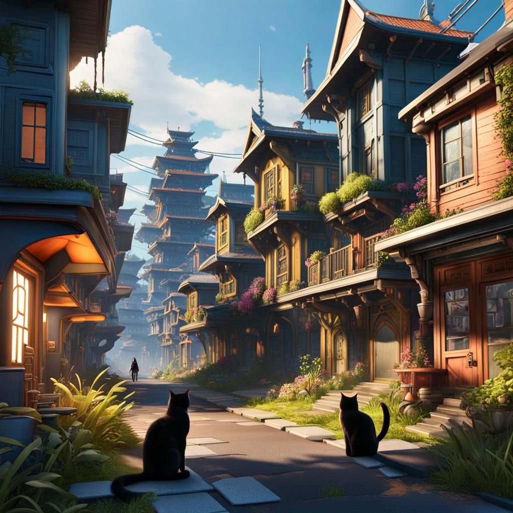 Cybernetic Cats Prowl Suburbs: Digital Matte Painting