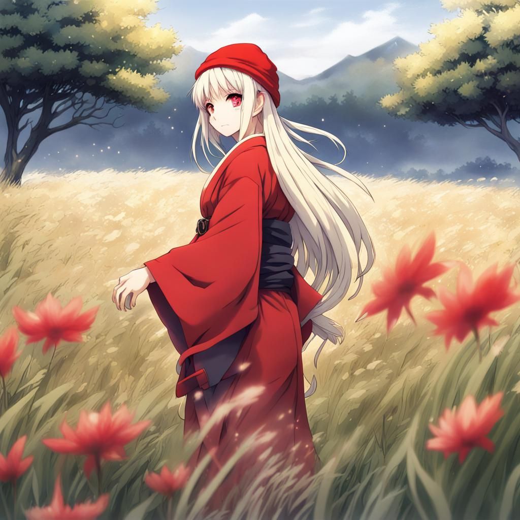Anime Girl in Red Kimono and Beanie
