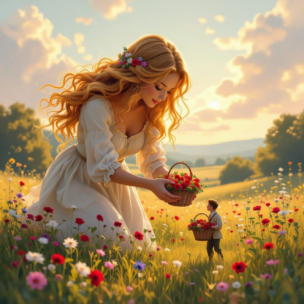 Giantess Picks Flowers Beside Tiny Man with Rose Basket