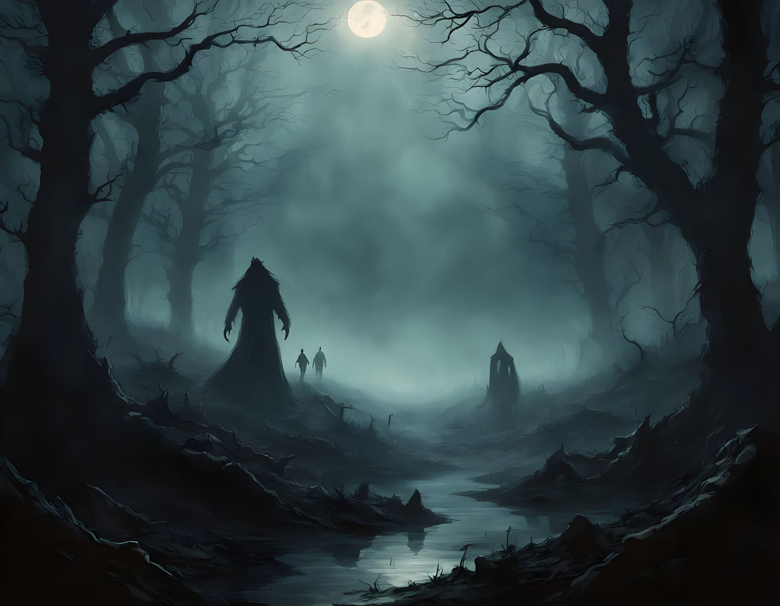 Two Men Flee Dark Werewolf in Fog-Shrouded Meadow