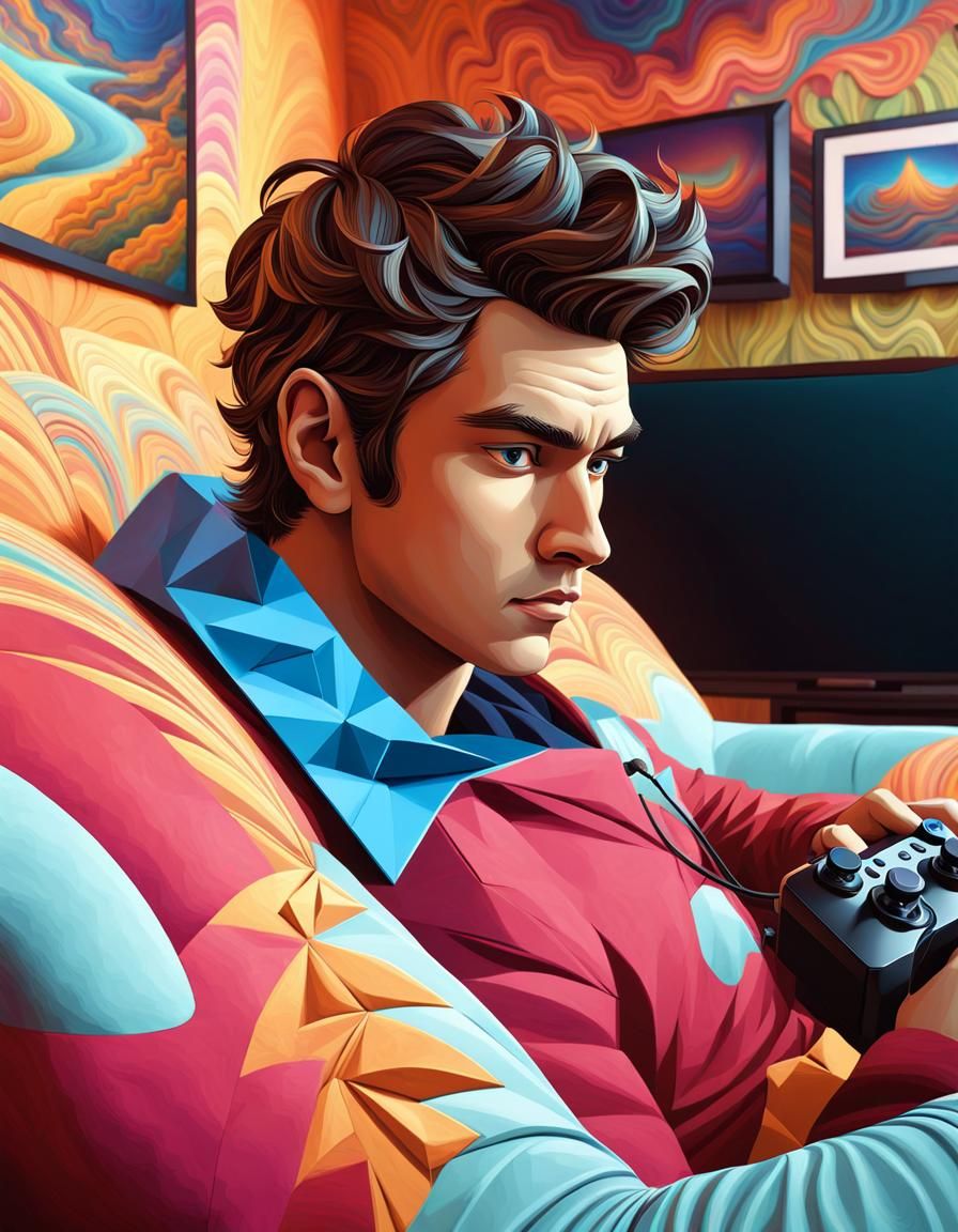 Gamer on Couch in Neo-Impressionist Style