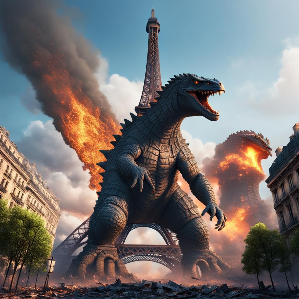 Godzilla Attacks Eiffel Tower: Pixar Style 3D Render