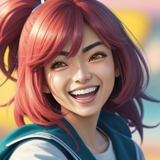 Anime Girl Laughing in Manga Style with Vibrant Colors