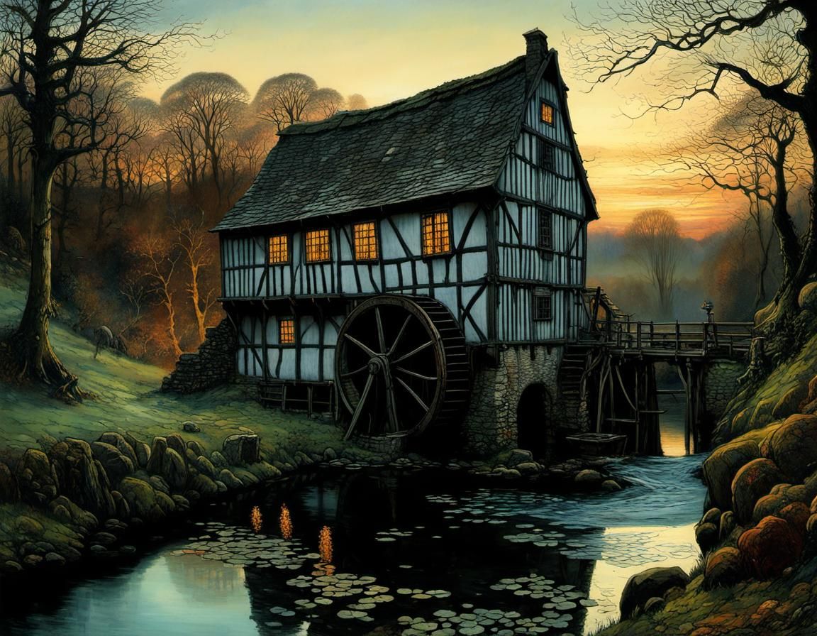 Historic Watermill in Soft Evening Light, in Romantic Realis...