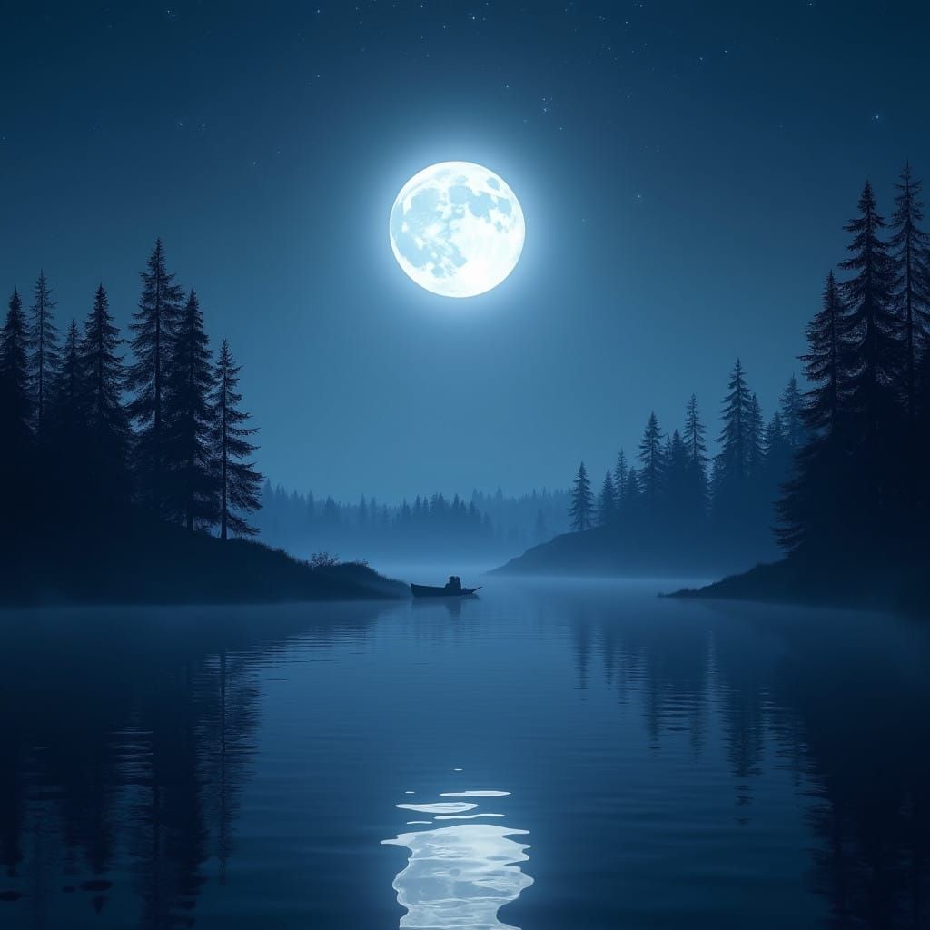 Serene Moonlit Lake Scene with Silvery Light