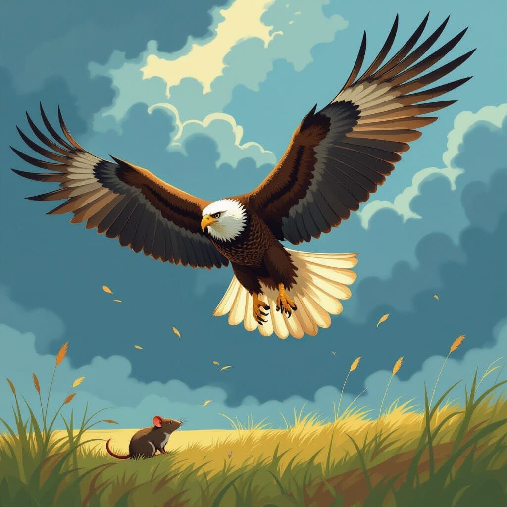 Eagle Swooping on Rat in Stormy Sky - Vintage Anime Style