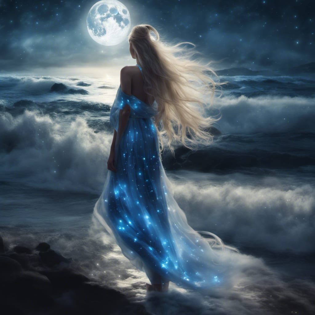 Woman in Starlight Dress Watching Moonlit Waves