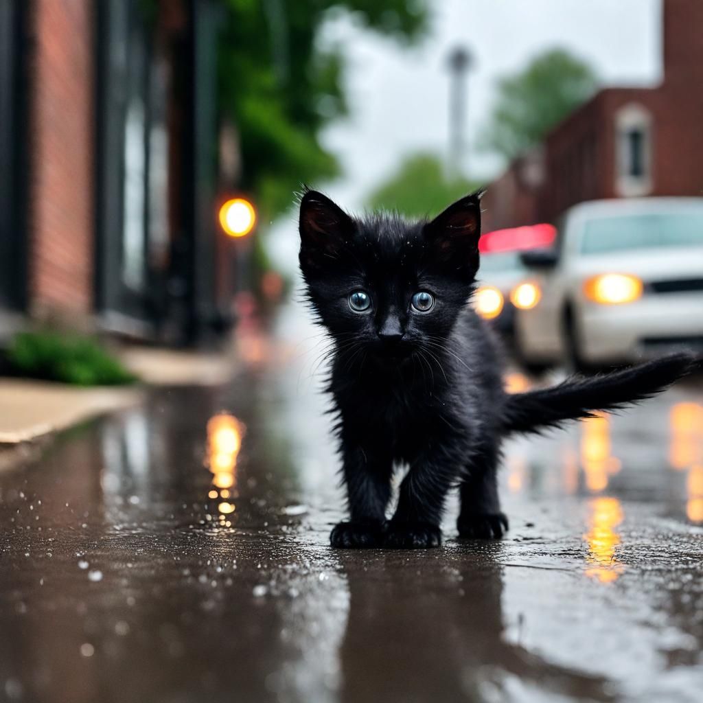 Black Kitten on Rainy Sidewalk in St. Louis