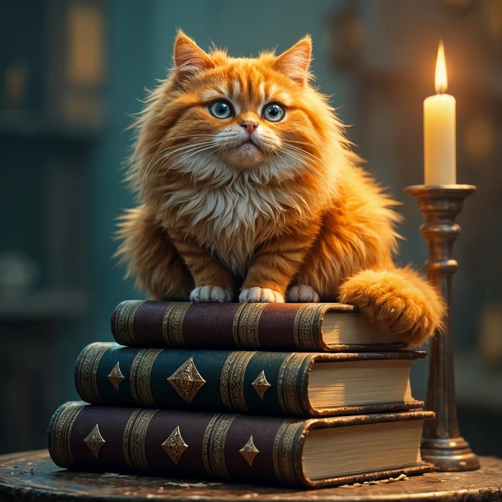 Fluffy Orange Cat on Books: Fantasy Concept Art
