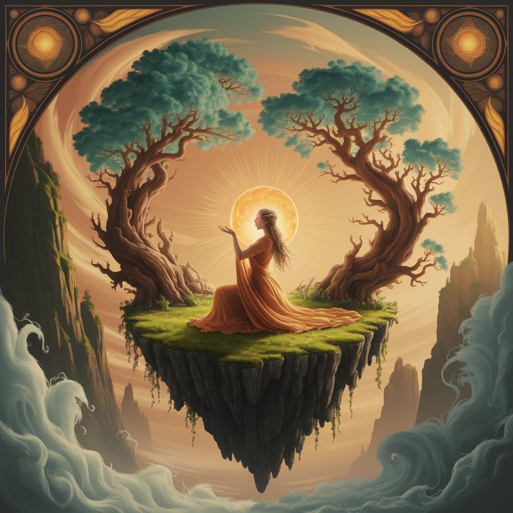 Art Nouveau Woman Holds Glowing Orb on Floating Island