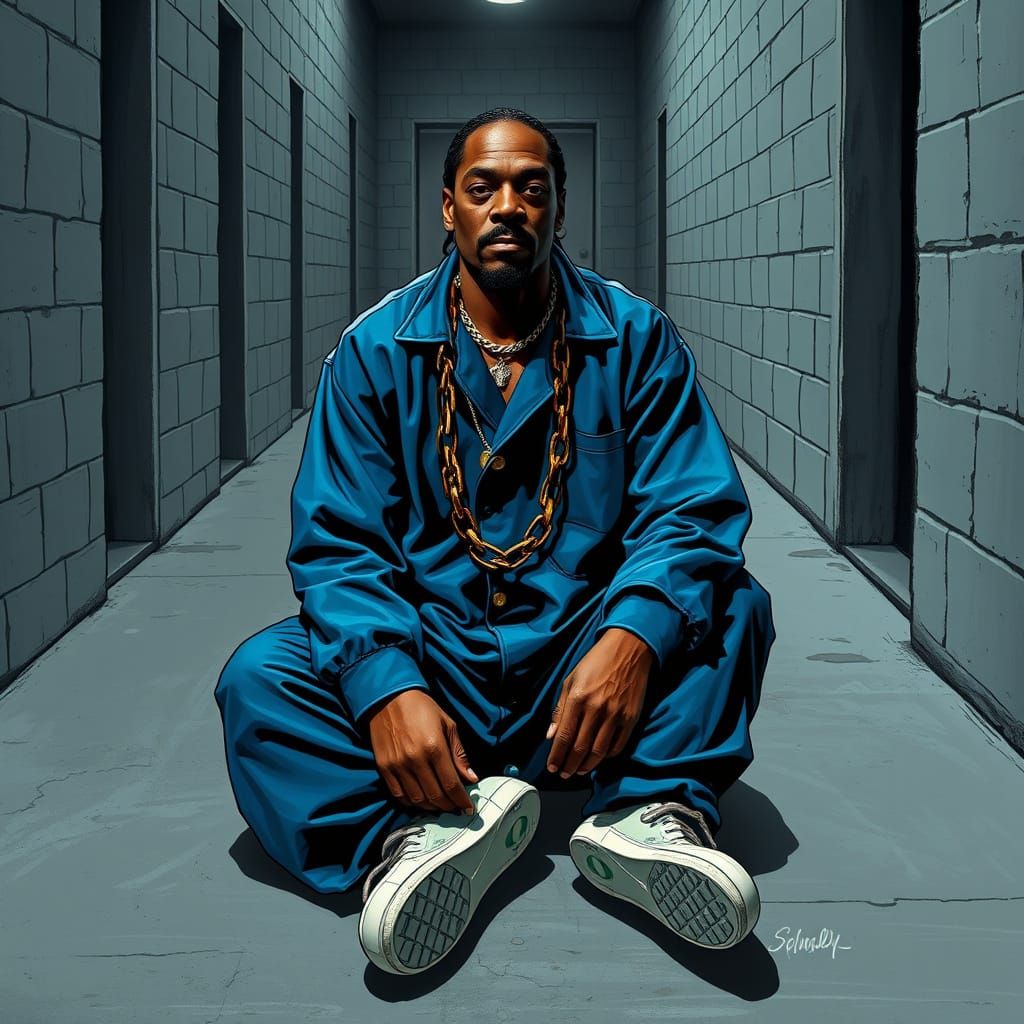 Snoop Dogg in Prison, Gritty Urban Art Style
