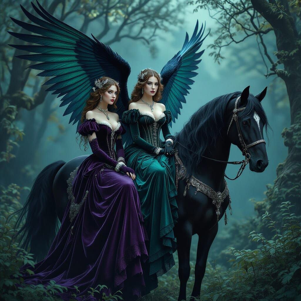 Ethereal Faerie Women on Pegasus in Enchanted Forest