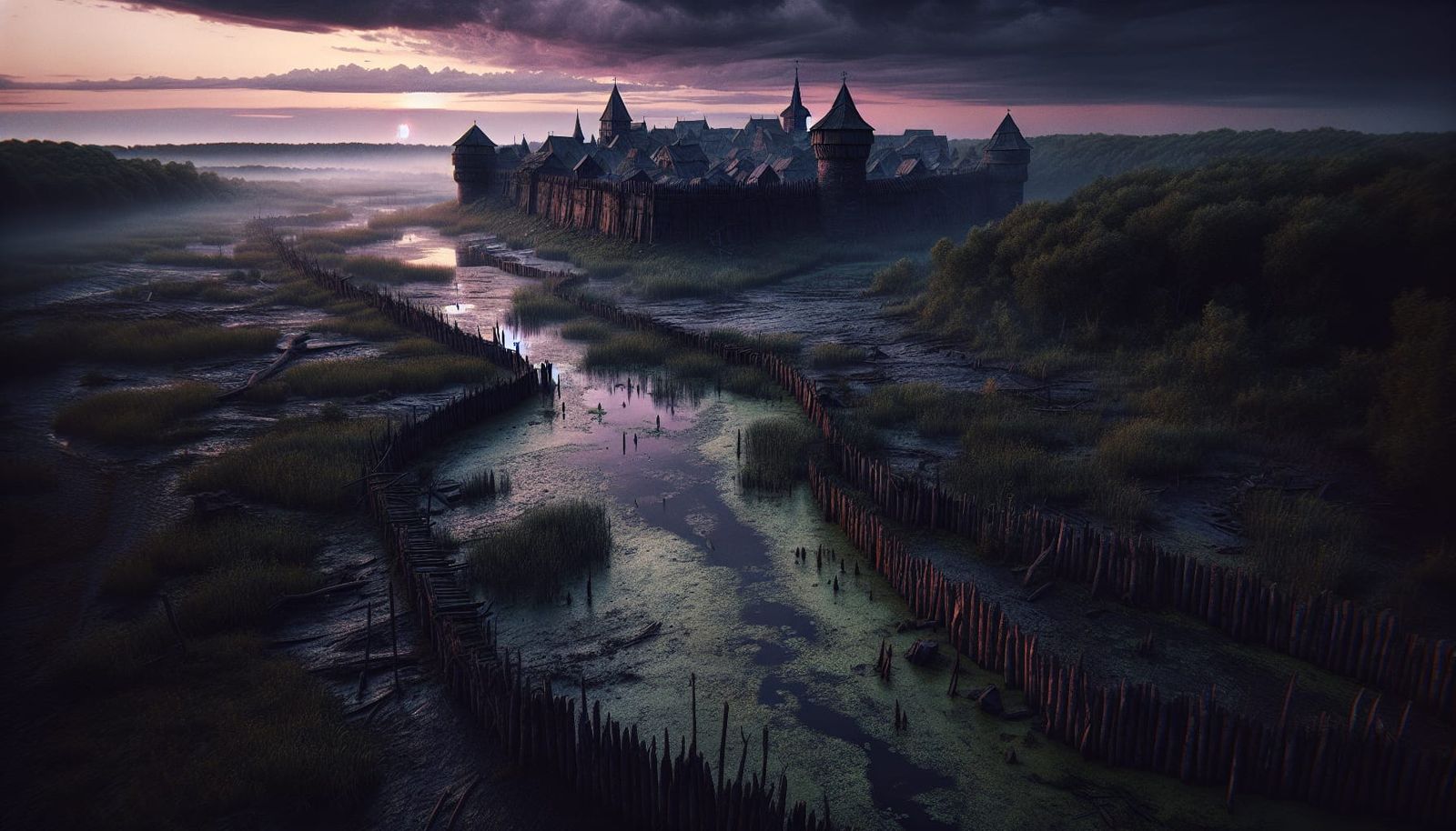 Fortified Medieval Town in Swamp at Dusk