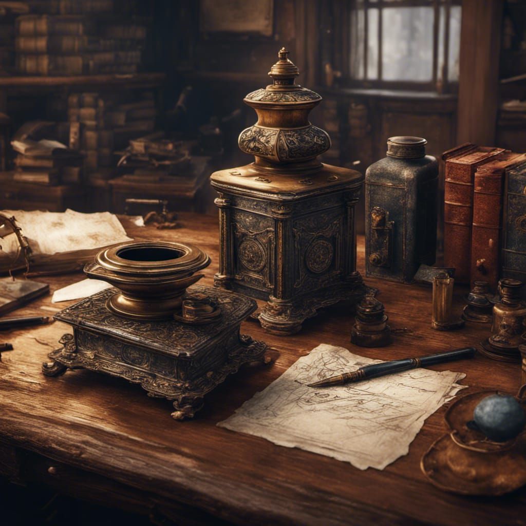 Antique Inkwells on Desk: Detailed Matte Painting