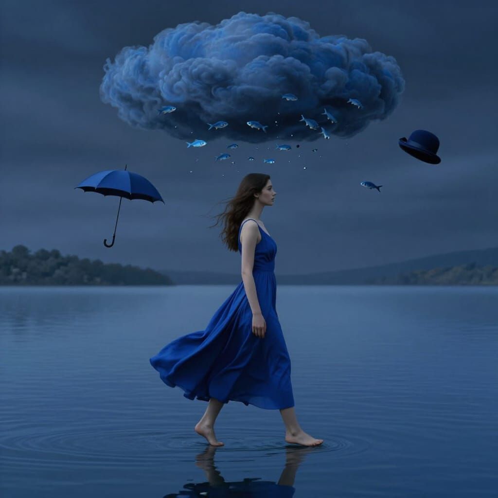 Surreal Woman With Storm Cloud Head on Blue Lake