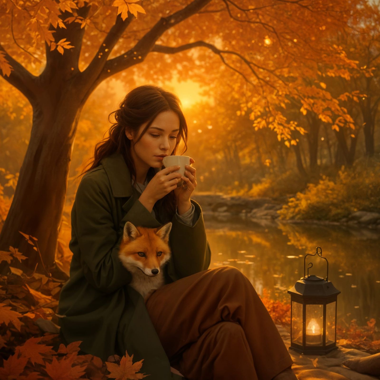 Woman with Fox Beneath Autumn Tree in Digital Painting