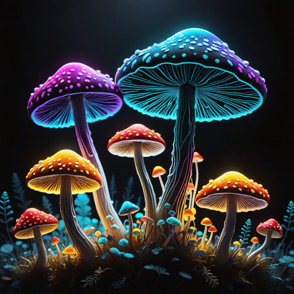 Surreal Mushroom Scene in Vibrant Digital Illustration