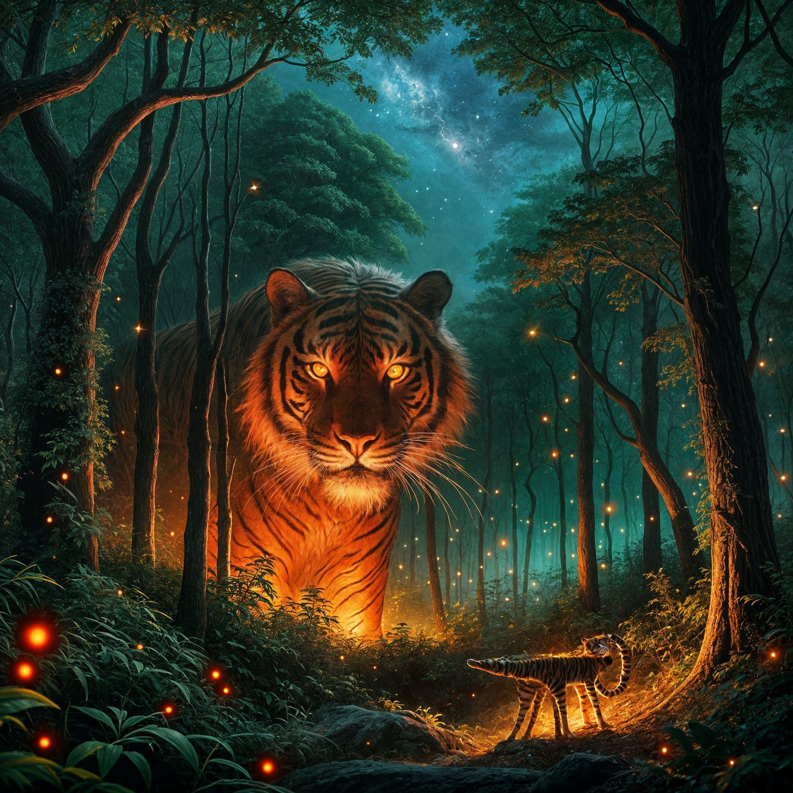 Majestic Glowing Tiger in Forest Under Starlit Sky