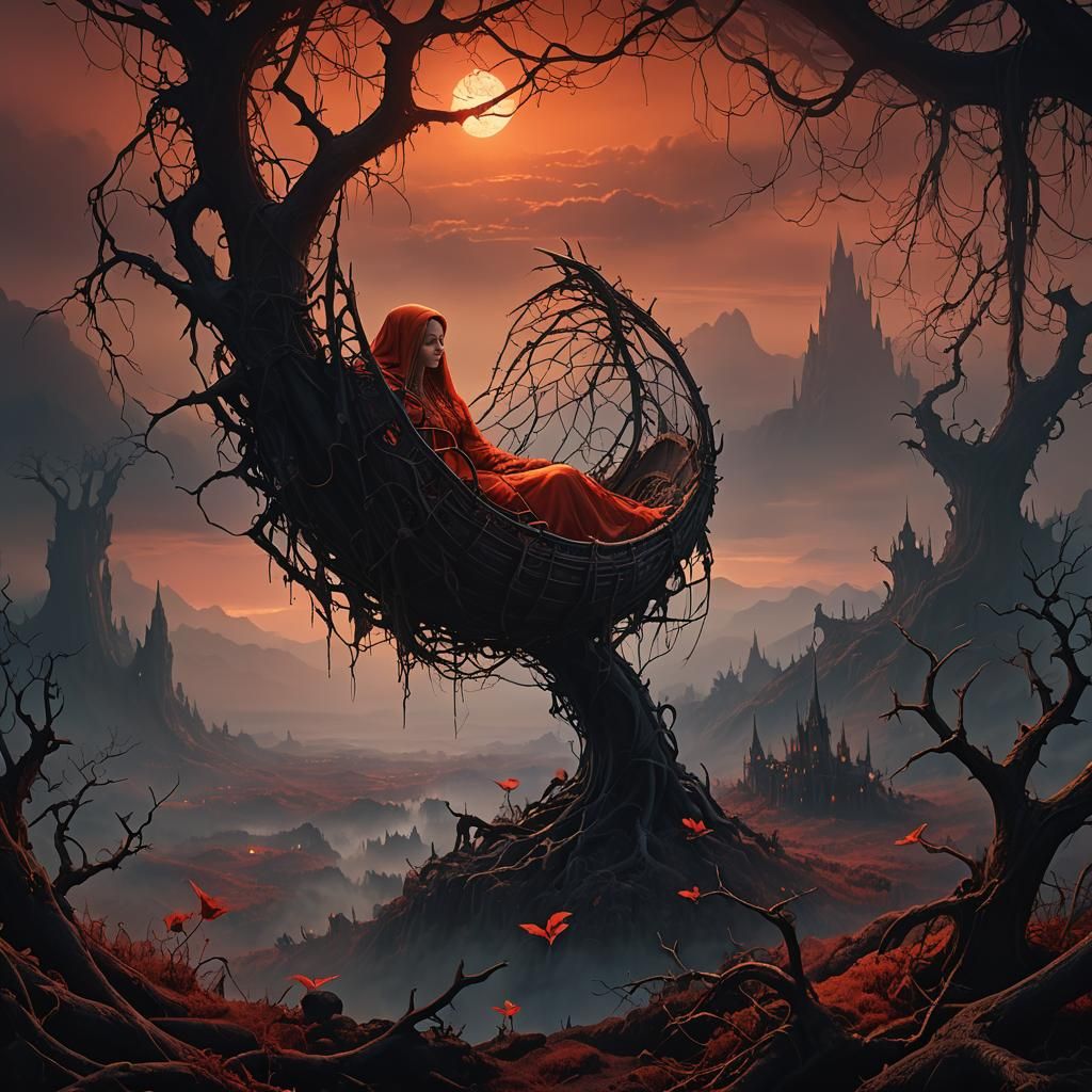 Thumbelina in Gothic Cradle: A Surreal Digital Painting