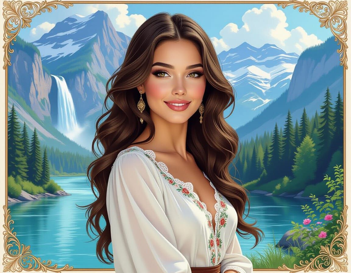 Beautiful Slavic Woman by Mountain Waterfall