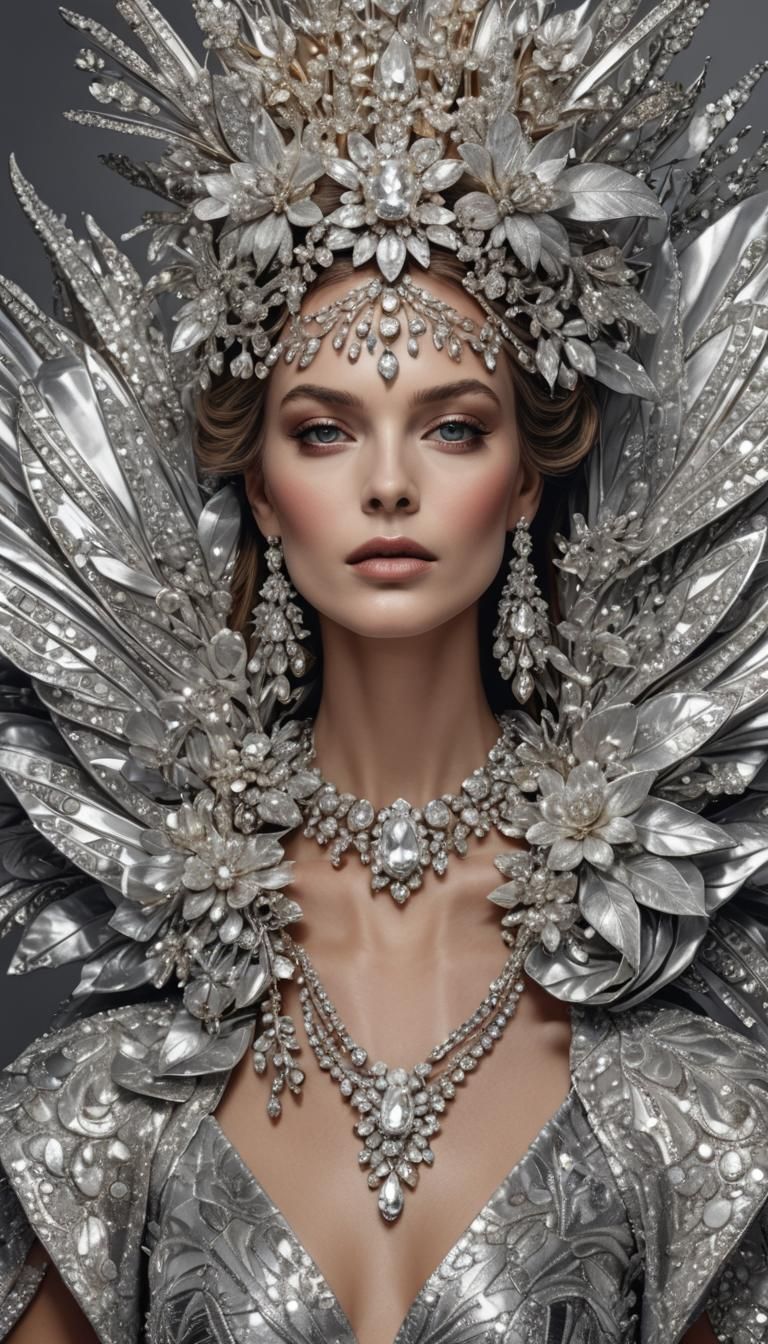 Haute Couture Woman in Silver, Gold, and Platinum