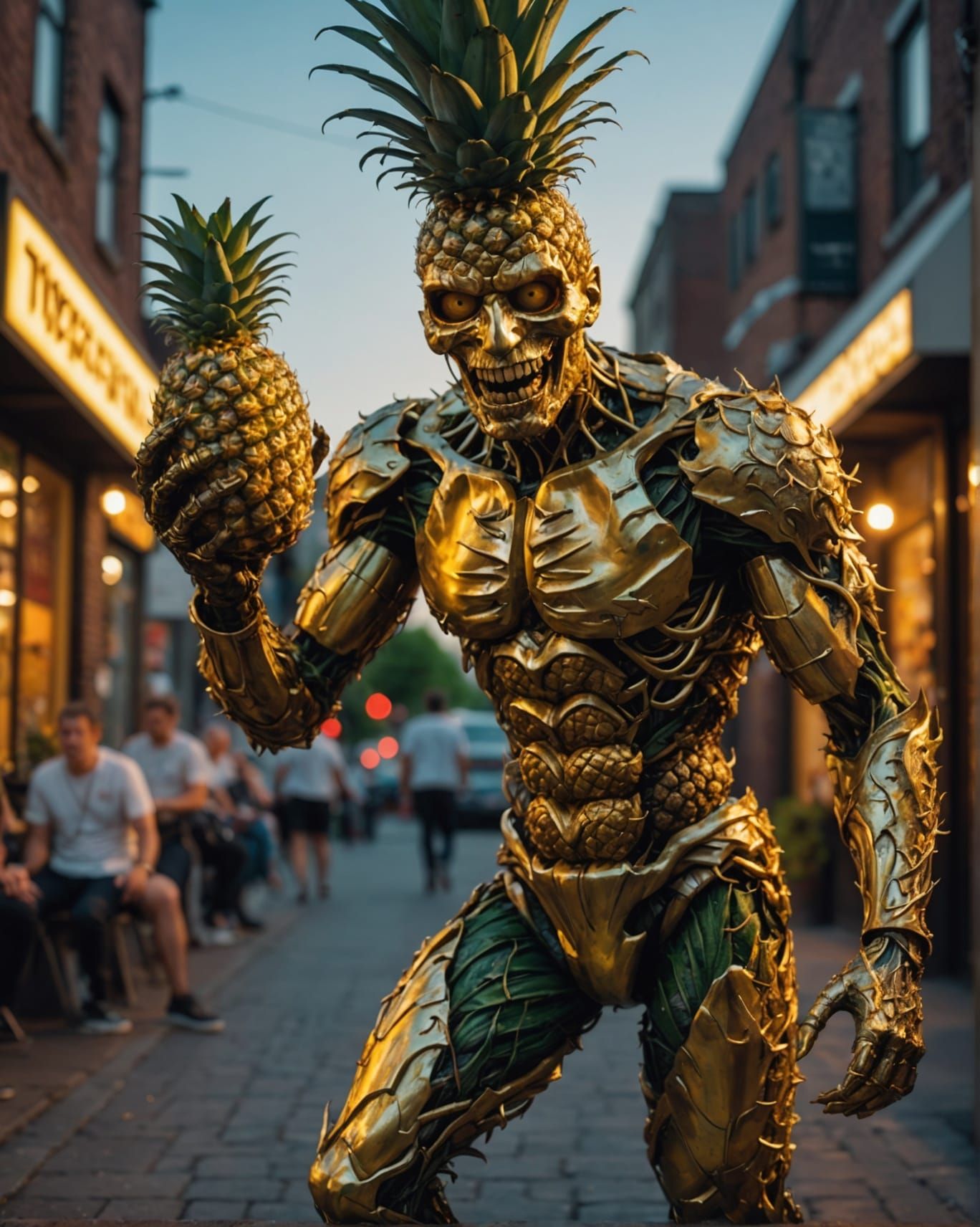 Hyperrealistic Pineapple Man Eats Leg in Horror Art