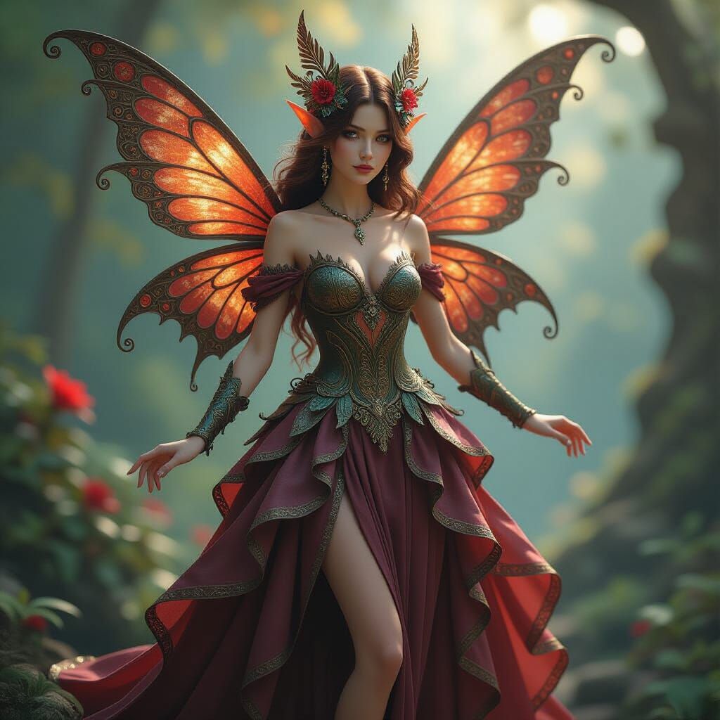 Intricately Detailed Bronze Fairy in Elaborate Dress