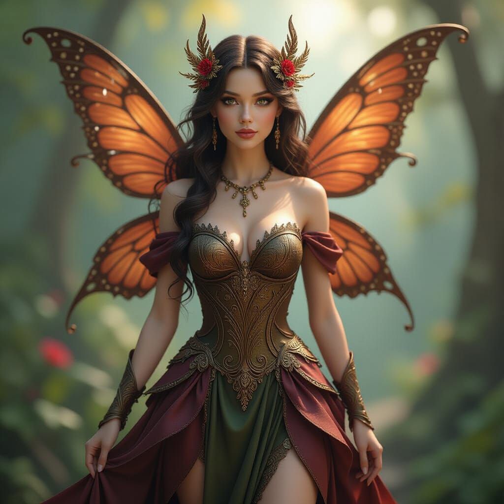 Detailed Bronze Fairy in Intricate Dress - Fantasy Concept A...