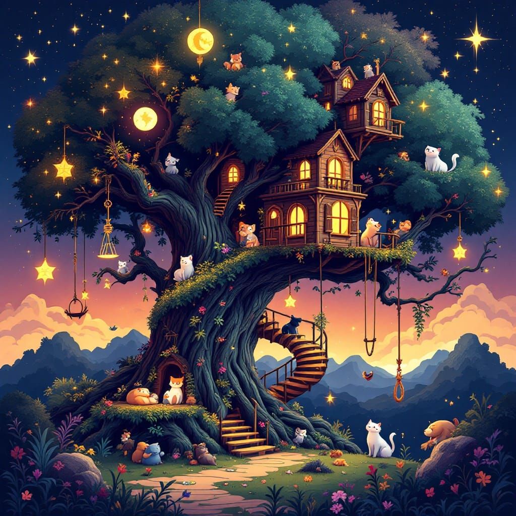 Majestic Fantasy Treehouse with Whimsical Wildlife