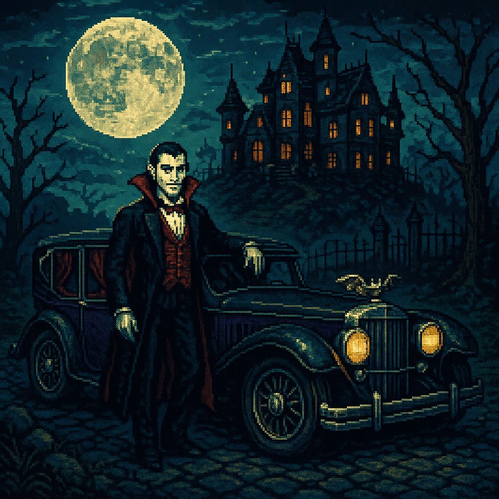 Charismatic Vampire and Creepy Car in 8-bit Style