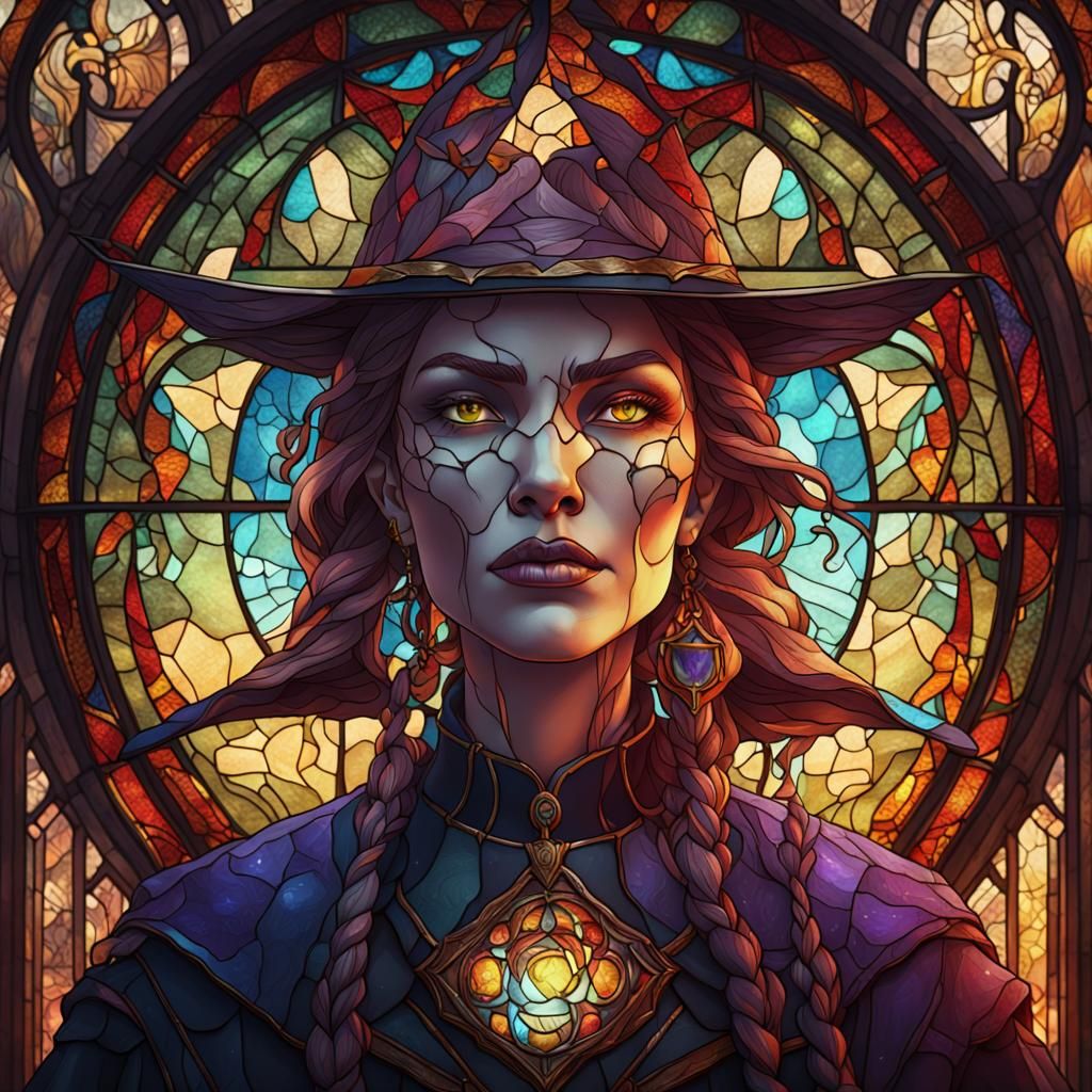 Stained Glass Witch Woman in Detailed Painting