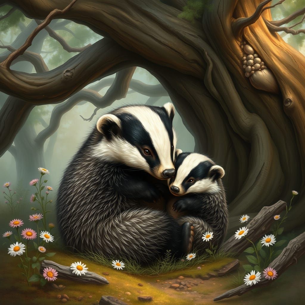 Motherly Love in a Serene Forest Scene